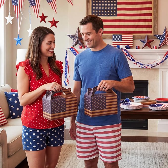 Colarr 48 Pcs 4th of July Treat Boxes Patriotic American Flag Prints Goodie Boxes with Handles 250th Anniversary Kraft Paper Cookie Box Candy Party Favor Box for Independence Day Celebration