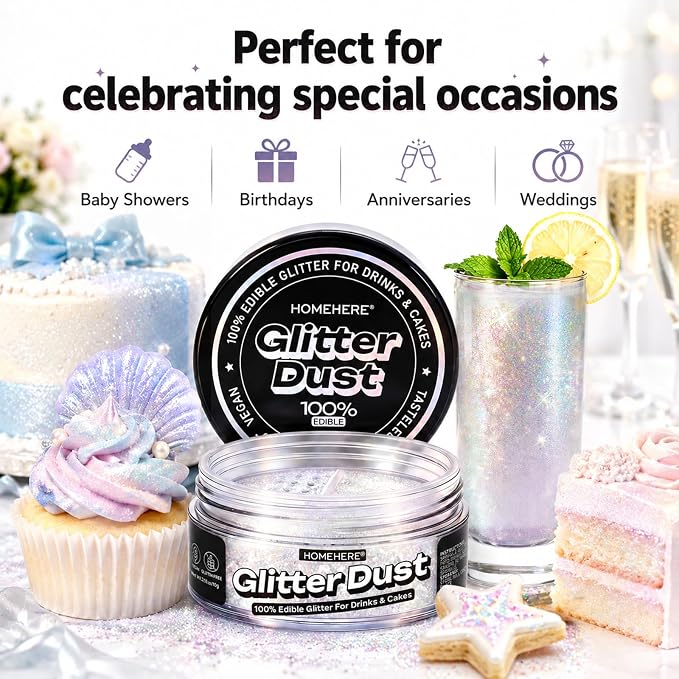 HomeHere Edible Glitter for Drinks & Cakes, 10g Food Grade Disco Diamond Glimmer Dust, Sparkle Powder for Cocktails, Chocolate, Baking Decorations, Vegan& Tasteless (Iridescent)