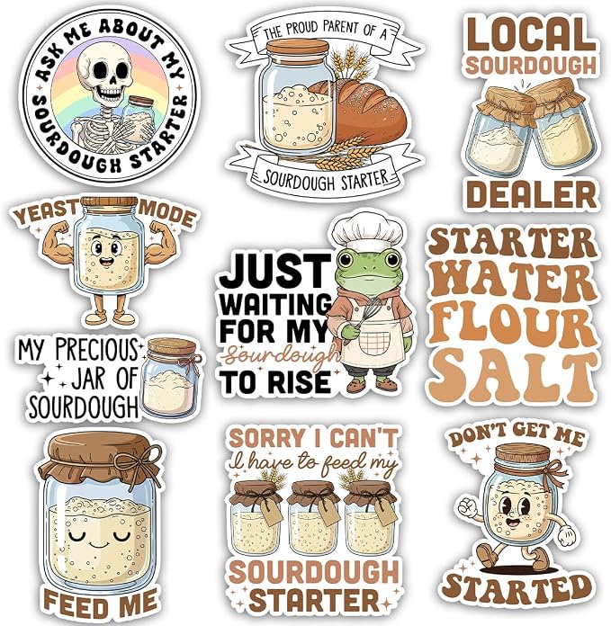 TODOLIA (10Pcs-3in) Sourdough Starter Sticker Pack, Funny Sourdough Bread Baker Sticker, Baking Lover Baker Gift, Bakery Decoration for Jar Water Bottle Laptop Helmet Farm Stand Vehicles