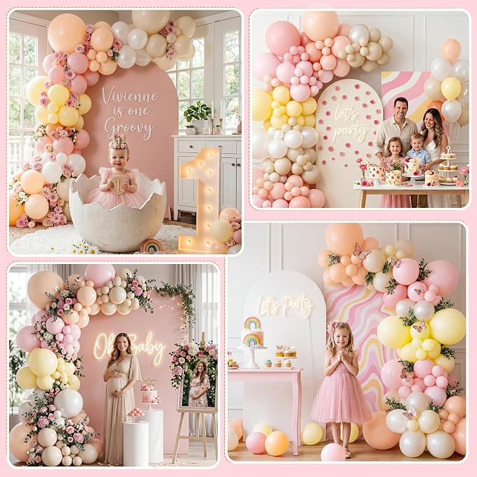 SNLN Pink Pastel Balloon Arch Kit, 140Pcs Pink Yellow Ivory Balloons for Baby Shower Gender Reveal Birthday Wedding Bridal Shower Party Decorations