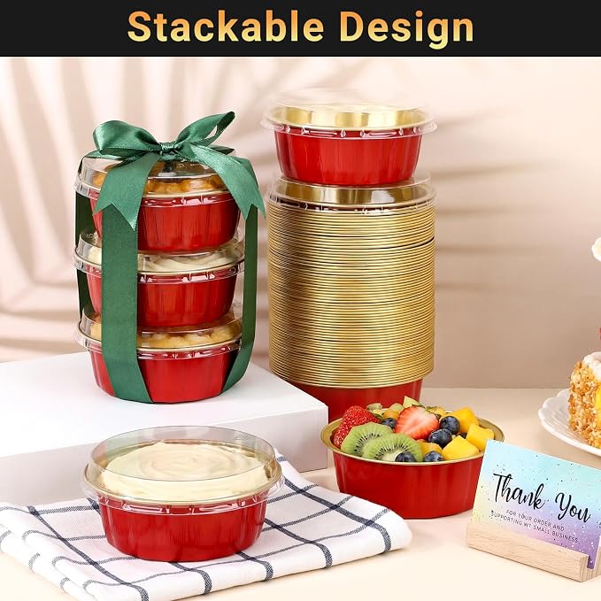 Beasea Disposable Ramekins 8oz, 50 Pack 235ml Aluminum Foil Cups with Lids, Disposable Creme Brulee Muffin Cupcake Mini Cheesecake Baking Cups for Party Wedding Birthday - Red Gold