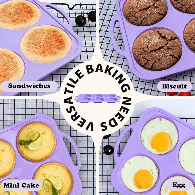 4 Inch Jumbo Silicone Muffin Top Pan with Metal Frame, Non Stick Silicone Egg Mold for Oven, Large Whoopie Pie Baking Pan with Handle for English Breakfast Sandwich, Egg Bite, Bun Tart, Purple