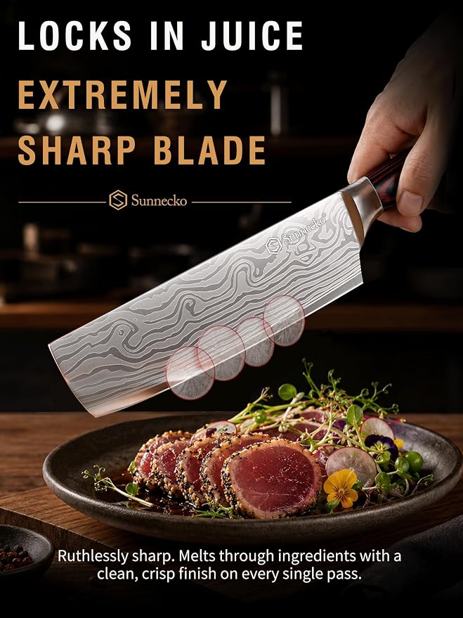 Sunnecko Japanese Nakiri Knife 7 Inch - 12° Edge Carbon Steel Chef Knife for Meat Vegetable Cutting Japanese Style, Full Tang Forged Blade Knife with Sheath, Kitchen Gift for Father Home Cooks & Pros