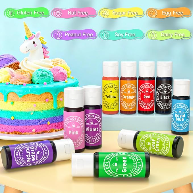 Food Coloring Liquid 25mlx10 Colors for Baking,Cherrysea Food Grade Cake Food Coloring Set for Halloween, Fondant, Cookies, Icing, Easter Egg Dessert Decorating Making DIY Supplies Kit