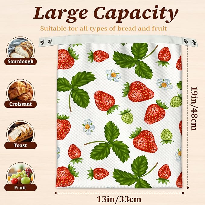 Beeswax Bread Bags, 2 Pack for Homemade Bread and Sourdough Storage | Red Strawberries Leaves Flower, Reusable Polyester Bread Storage With Beeswax Coating And Snap Closures