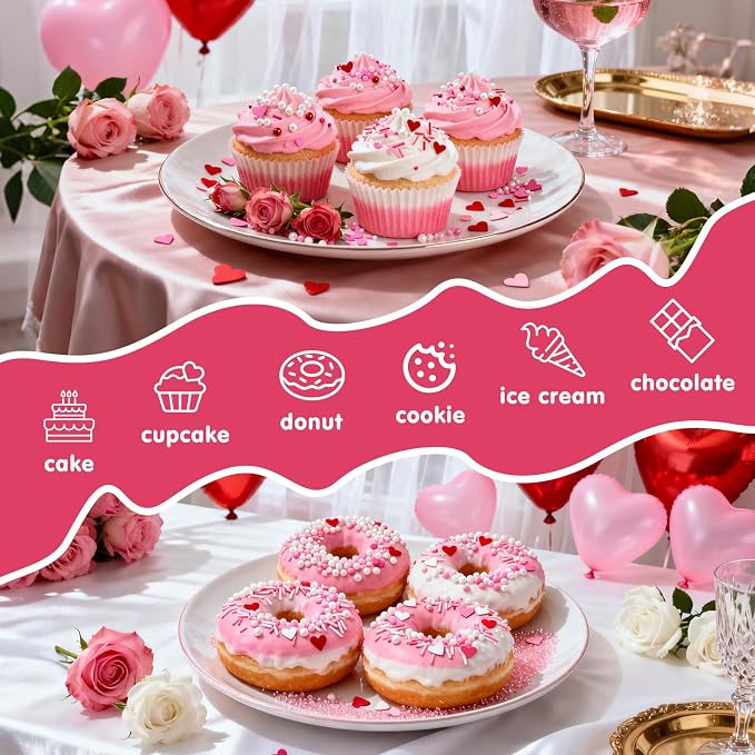 Edible Heart Sprinkles for Cake Decorating,6 Cell-6.7oz,Red Pink and White Sugar Pearls Jimmies Mix,Valentines Nonpareils Cake Decorations for Baking,Desserts,Cupcakes,Baking,Ice Cream,Cookies,Cupcake Topper,Birthday Wedding Birthday Party Decorations