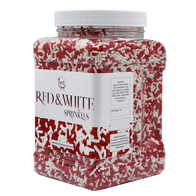 Decorating Sprinkles By FirstChoiceCandy- 2 LB - Colorful Jimmies Great For Topping for Bakery, Ice Cream, and Confectionary - Kosher Sprinkles In a Resealable Container (Red-White)