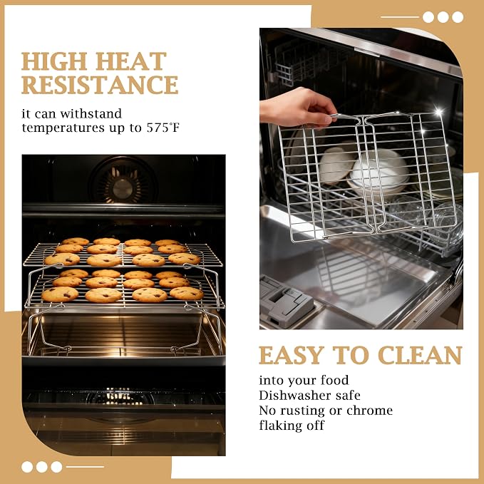 LIANYU Cooling Rack 15"x10", 3-Tier Stackable & Collapsible Stainless Steel Baking Wire Racks for Cooking, Baking, Roasting, Drying, Oven & Dishwasher Safe, Silver