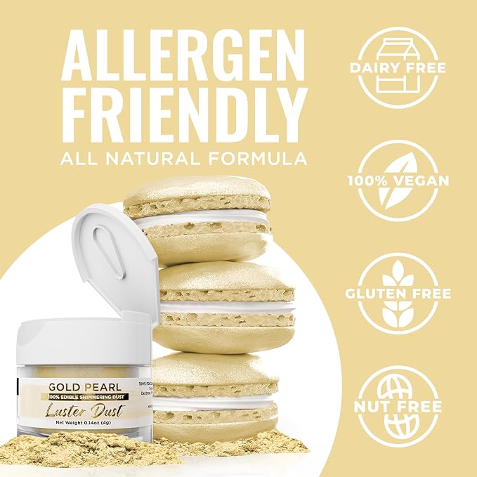 Luster Dust - Gold Pearl (4g 1x Jar) | Edible Vegan Dust & Paint for Cake Decorating, Ice Cream, Desserts, Cocktails and Beverages by Bakell