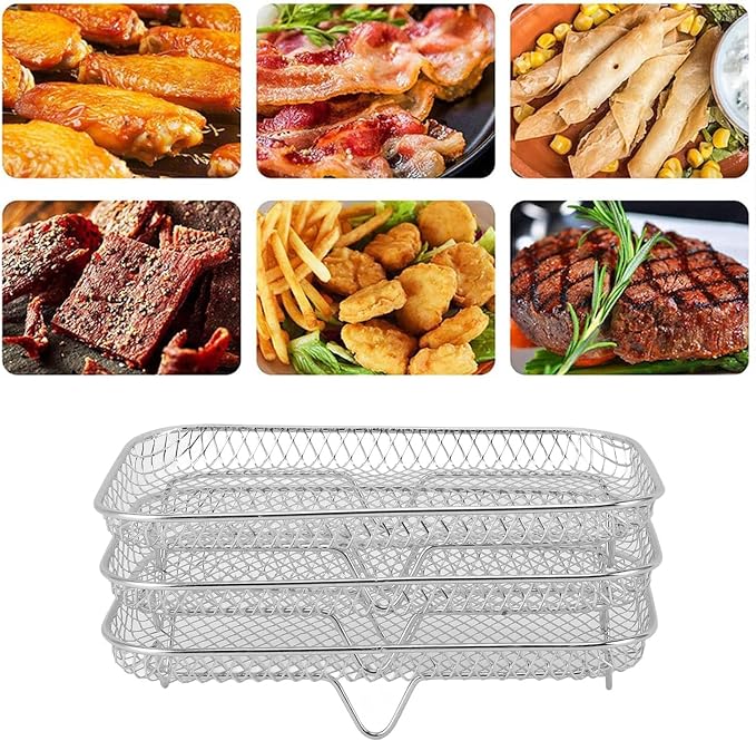 3 Layer Rectangle Air Fryer Rack Roasting Rack Fryer Cooling Tray Stackable Dehydrator Racks Rectangle Airfryer Basket Tray Mesh Roasting Racks Airfryer Accessories (Rectangle)