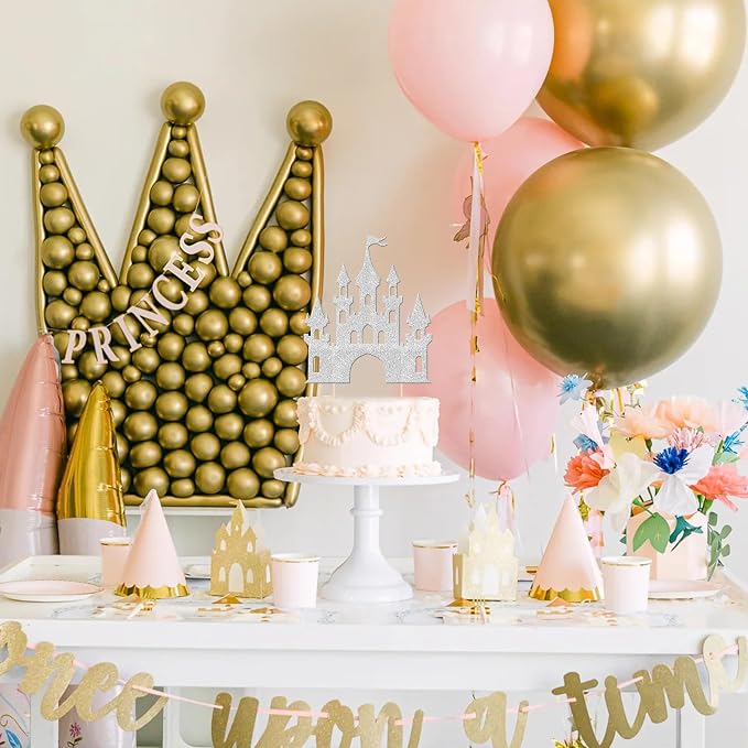 1 PCS Princess Castle Cake Topper Glitter Princess Cake Topper Queen Castle Theme Birthday Party Cake Decoration for Girls Princess Baby Shower Happy Birthday Party Decorations Supplies Silver