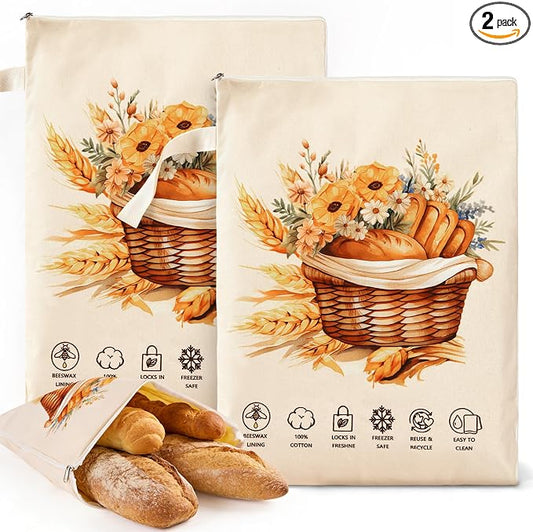Reusable Bread Bags for Homemade Bread 2 Pack, L-shaped Zipper Beeswax Bread Bag for Easy Access, Keeps Bread Fresh Longer, Freezer Safe Breathable Cotton Beeswax Bread Bags for Sourdough