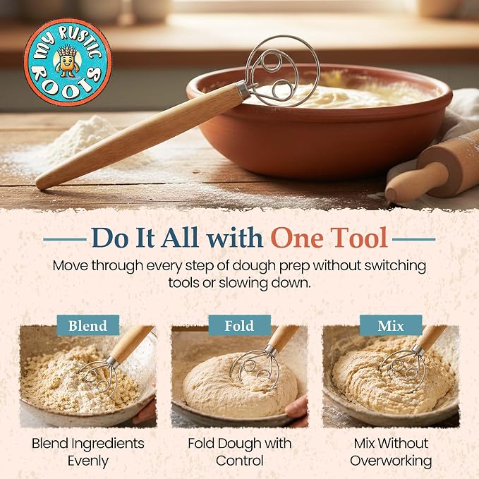 Danish Dough Whisk - 13 inch Stainless Steel Sourdough Whisk with Long Wooden Handle - Durable Bread Dough Mixer - Perfect Stirrer for Artisan Loaves, Pizza Dough & Pancakes