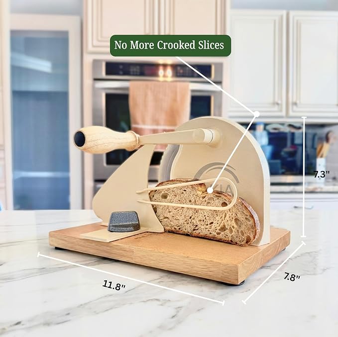 Bread Slicer for Homemade Bread & Sourdough Rounds — Manual Sourdough Slicer, Hand Crank Cutter with Adjustable Thickness, Stainless Steel Blade, Includes Beeswax Bag