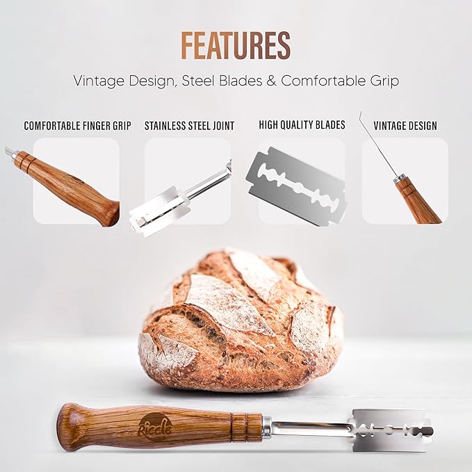 RICCLE Bread Lame Slashing Tool, Oakwood Ergonomic Handle Dough Scoring Knife with 10 Razor Blades and Storage Cover