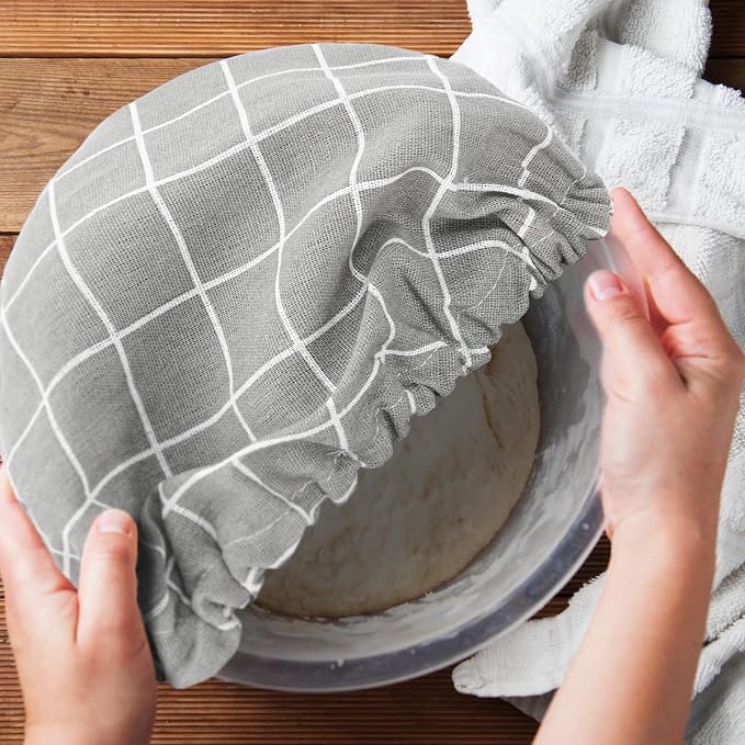 FoldTier 6 Pcs Bread Bags for Homemade Bread with Bowl Cover, 4 Linen Reusable Bread Bag TPU Plastic Lined Sourdough Bread Bags 2 Elastic Reusable Bowl Covers for Bread Proofing Cover for Storage Gray