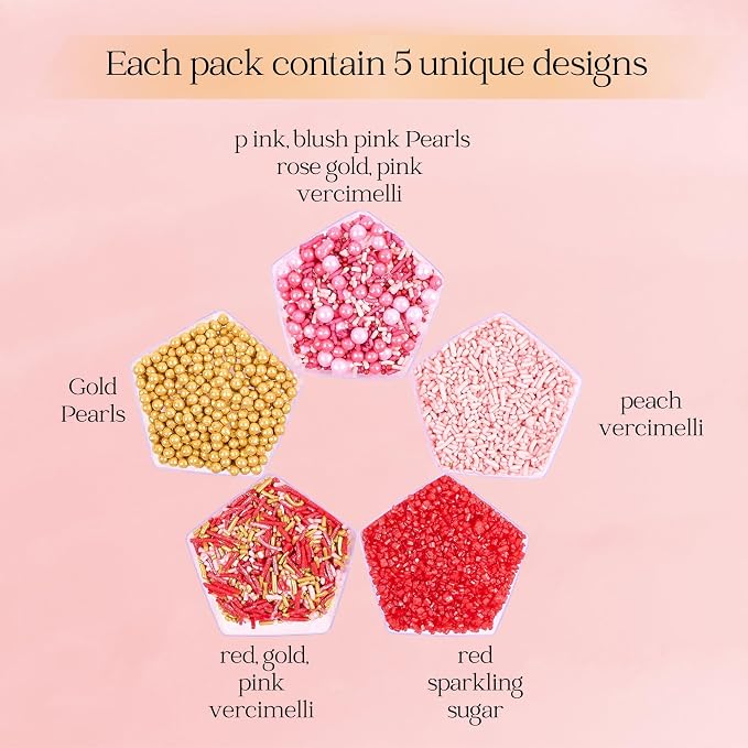 Confect Princess Dream Sprinkles – 5 Pack Assorted Cake Decorating Mix (Teal Jimmies, Pink, Red, Gold & White Pearl Dragees, Deep Red Sparkling Sugar) – Elegant Toppings for Cakes, Cupcakes, Cookies – Vegan, Gluten-Free, Nut-Free, Soy-Free, Dairy-Free,...