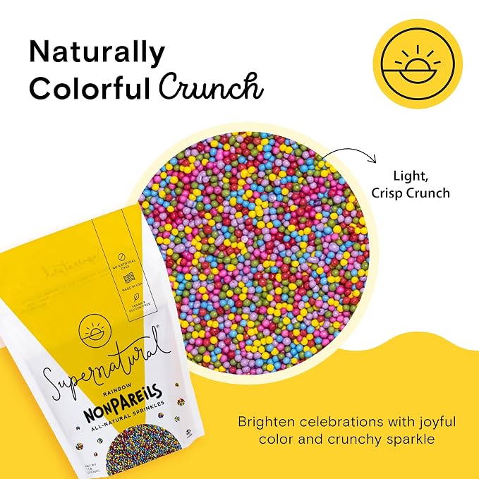 Rainbow Nonpareils Natural Sprinkles by Supernatural, 16oz Pack of 6, Plant Based Colors, Non GMO Sugar, Vegan, Gluten Free, Soy Free, Kosher, No Confectioners Glaze, All Natural Baking Decorations
