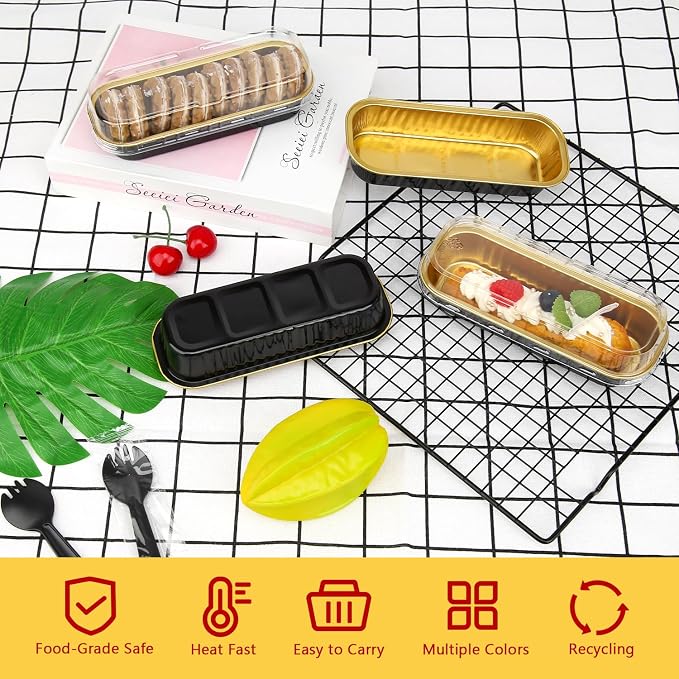 LNYZQUS Mini Cake Pans with Lids 100 Pack,Individual Foil Baking Tins,Disposable Mini Loaf Pans Small Cakes Tin Cupcake Containers for Bakery Bake Sales-Black,6.8oz