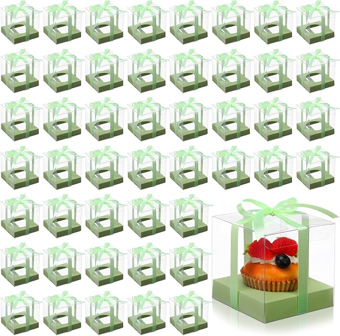Thenshop 50 Pcs Clear Cupcake Boxes Individual 3.5 Inch Plastic Single Cupcake Containers Boxes with Inserts and Ribbon Individual Cake Storage Holders for Cake Kitchen(Light Green)