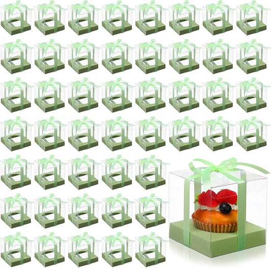 Thenshop 50 Pcs Clear Cupcake Boxes Individual 3.5 Inch Plastic Single Cupcake Containers Boxes with Inserts and Ribbon Individual Cake Storage Holders for Cake Kitchen(Light Green)
