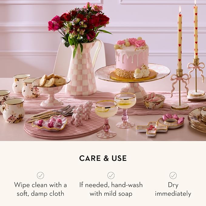 MACKENZIE-CHILDS Enamel Pedestal Platter, Round Cake Stand, Large, Pink-and-White Rosy Check