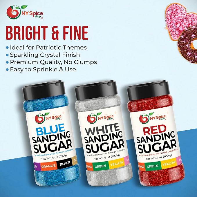 NY Spice Shop 4th Of July Sanding Sugar - Red White & Blue Sweet Colorful Edible Sprinkles - USA Themed Sanding Sugar For Independence Day Baking - Fourth Of July Party Supplies - 4 Ounce (Pack of 3)