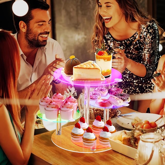 Cake Stand with Rechargable LED Light, Round Light Up Cupcake Stand, Cupcakes and Cakes Comb for 8-12 Inch Cakes, Tiered Cake Tree Tower, Clear Dessert Display Stand for Wedding Birthday Party