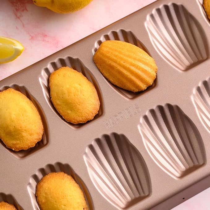 HAPPIELS 12-Well Madeleine Pan 2-Pack Nonstick, PFOA & BPA Free | 24- Well Non Stick Nontoxic Madeleines Pans for oven baking | Madeleine Cake Cookie Mold | Madeleine tray