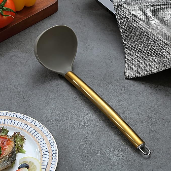 Gold Ladle, Berglander Non-stick Silicone Kitchen Ladle With Titainium Gold Plating handle, Soup Ladle, Cooking Ladle Soup Spoon For Cooking, Dishwasher Safe, Easy to Clean