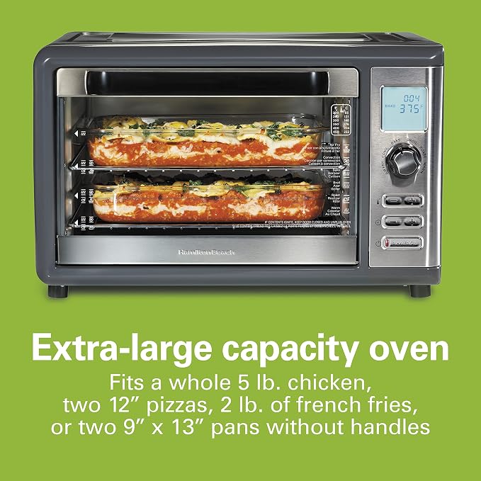 Hamilton Beach Countertop Digital Air Fryer Oven with Sure-Crisp, 6-in-1 Functionality, 150-450⁰F Temp Range, 1800W, XL Capacity for 2 12” Pizzas, Two 9” x 13” Pans and 4 Rack Positions, Grey (31390)