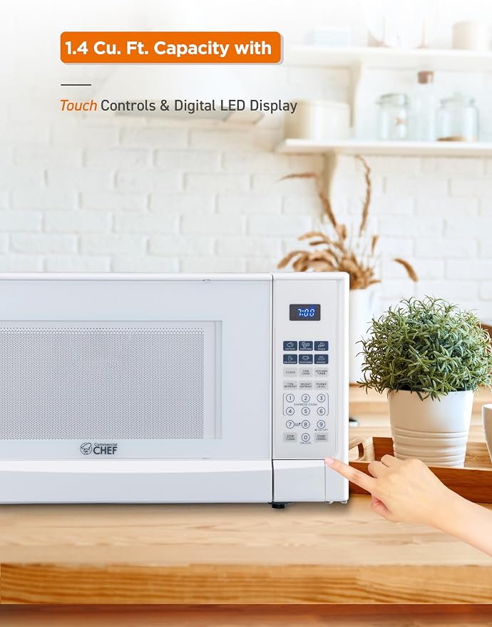 COMMERCIAL CHEF 1.4 Cubic Foot Microwave with 10 Power Levels, Small Microwave with Push Button, 1100 Watt Microwave with Digital Control Panels, Countertop Microwave with Timer, White