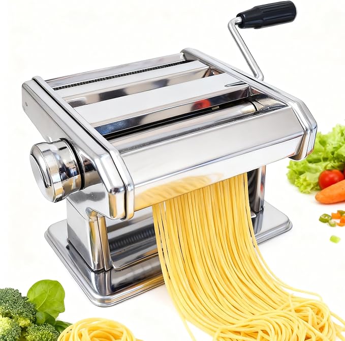 Pasta Maker Machine With 7 Adjustable Thickness Settings, Stainless Steel Manual Noodle Maker,Pasta Roller& Cutters With Removable Handle and Clamp For Kitchen （All-in-One ）