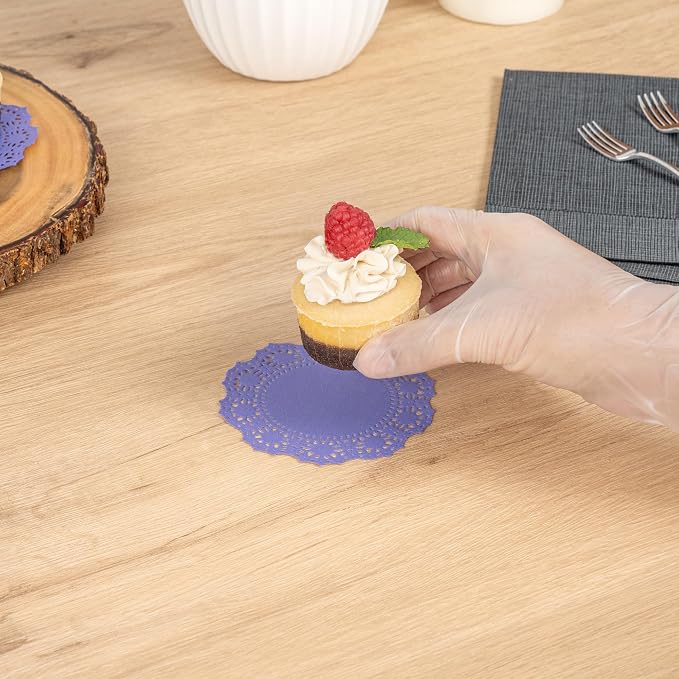 Restaurantware-Pastry Tek 4 x 4 Inch Paper Lace Doilies, 100 Round Disposable Table Doilies - Elegant Lace Finish, Long Lasting, Purple Paper Lace Doilies, for Pastries, Cupcakes, Desserts
