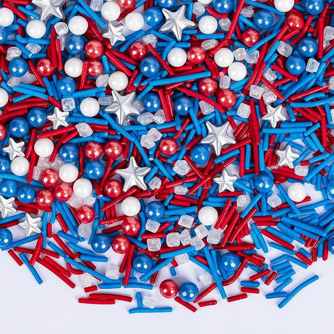 Edible Patriotic Sprinkles for Cake Decorating,130g,July 4th Pearl Sprinkle for Baking Decorations,Blue Red and White Pearls Jimmies,Silver Star and Sugar Crystals Mix,Cookies,Ice Cream,Fondant Cake,Cupcakes,Desserts,Memorial Day,Flag Day,Juneteenth,In...
