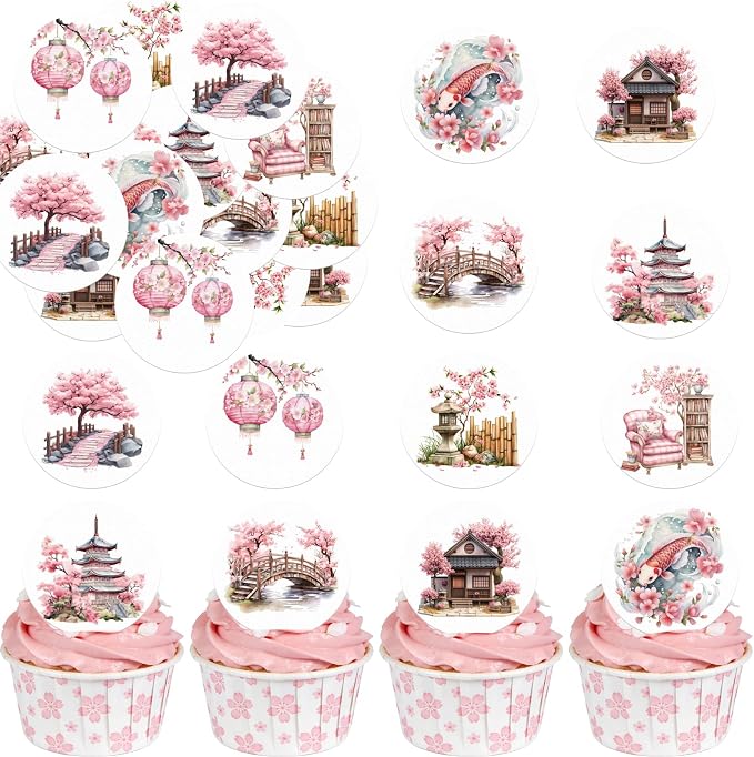 36PCS Edible Cherry Blossoms Cupcake Toppers Japanese Edible Cherry Flowers Bouquet Cake Picks Wafer Paper Cherry Cupcake Decors for Cherry Theme Party Cake Supplies (Cherry Blossoms Scene)