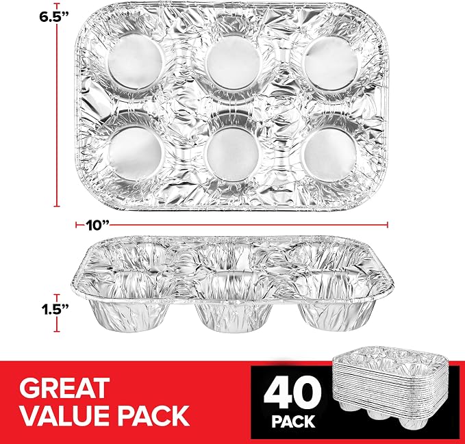 Stock Your Home (40-Count) Disposable Muffin Tins 6-Cup, Standard Size Foil Muffin Pans, Aluminum Cupcake Tin for Baking, To-Go Trays for Bake Sales, Parties, Holidays