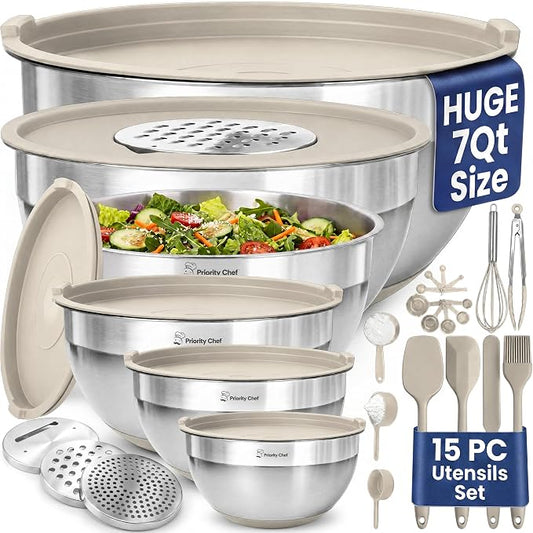 Priority Chef 6Pc Stainless Steel Mixing Bowls with Lids Set, Huge 7 Qrt Size Metal Bowl Set for Kitchen, 3 Graters, Non-Slip Bases & Silicone Utensils Set, Khaki