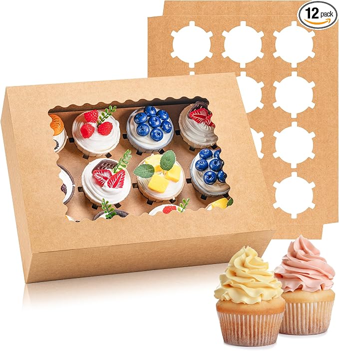 Hoewina 12PCS Cupcake Boxes - Hold 12 Count Cupcake Containers with Window, Food Grade Cupcake Holder Easy Transport and Presentation - Ideal for Cupcakes, Desserts, and More (Brown)