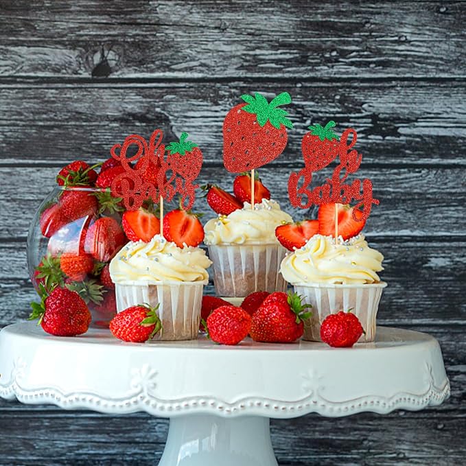 24 Pack Strawberry Oh Baby Cupcake Toppers Glitter Red Strawberries Cupcake Picks for Strawberry Baby Gender Reveal Kids Boys Girls Birthday Party Cake Decoration Supplies