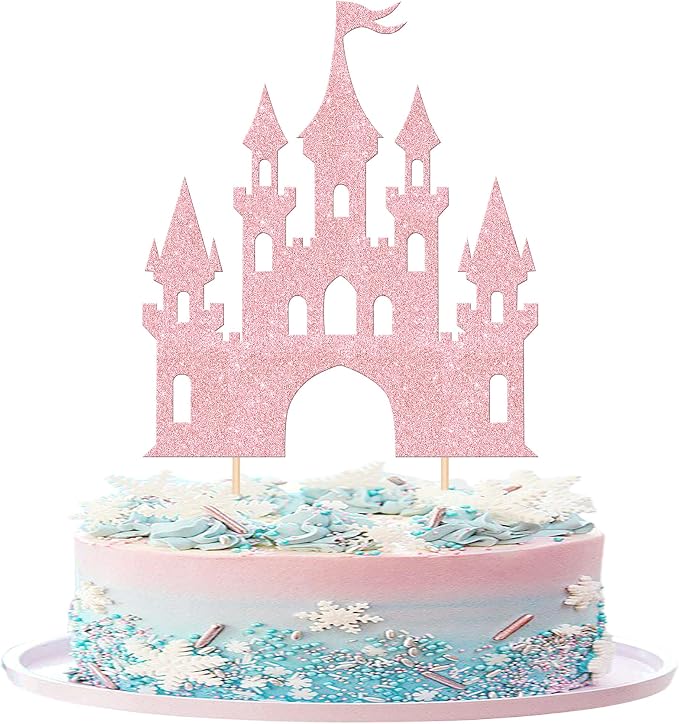 1 PCS Castle Cake Topper Glitter Princess Cake Topper Castle Theme Birthday Party Decoration Princess Happy Birthday Cake Decoration for Baby Shower Girls Princess Birthday Party Supplies Light Pink