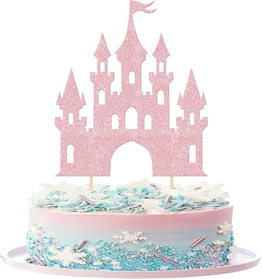 1 PCS Castle Cake Topper Glitter Princess Cake Topper Castle Theme Birthday Party Decoration Princess Happy Birthday Cake Decoration for Baby Shower Girls Princess Birthday Party Supplies Light Pink
