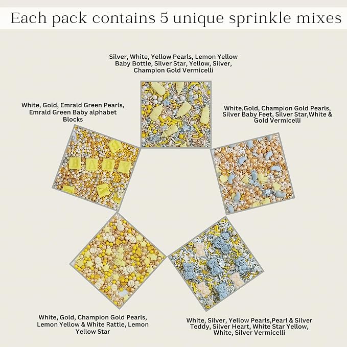 Confect Neutral Baby Shower Sprinkles | Gender Reveal Sprinkles | Birthday Sprinkles | Mix Silver, Gold & Pearls Teddy, Heart, Star & Baby Feet Sprinkle Pack of 5 | Vegan, Gluten-Free, Nut-Free, Soy-Free, Dairy-Free, Palm Oil-Free - 5 Oz