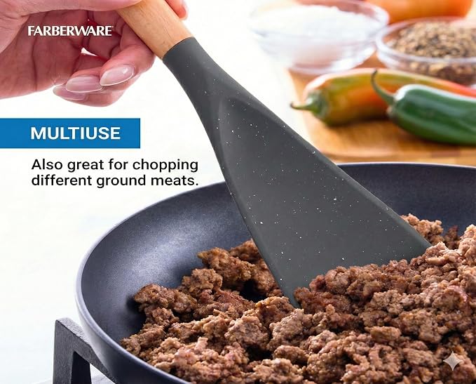 Farberware Pro Spoonula with Grey and White Speckle Design - Beechwood Handle with Hang Hole - Flexible Scraper Spoon for Mixing, Scraping, and Serving in Kitchen