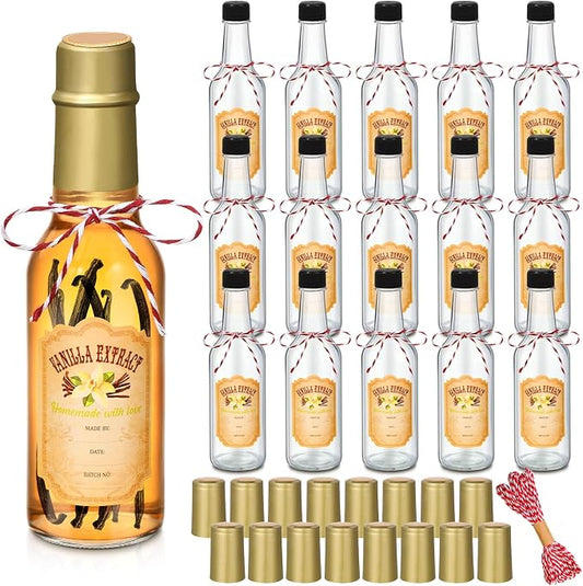 Tioncy 16 Pcs Empty Vanilla Extract Bottles for Homemade Vanilla Jar Glass Bottle with Cap, Shrink Band, Sticker DIY Crafts Wedding Gift Food Storage Canister for Bean(Gold,5 oz)