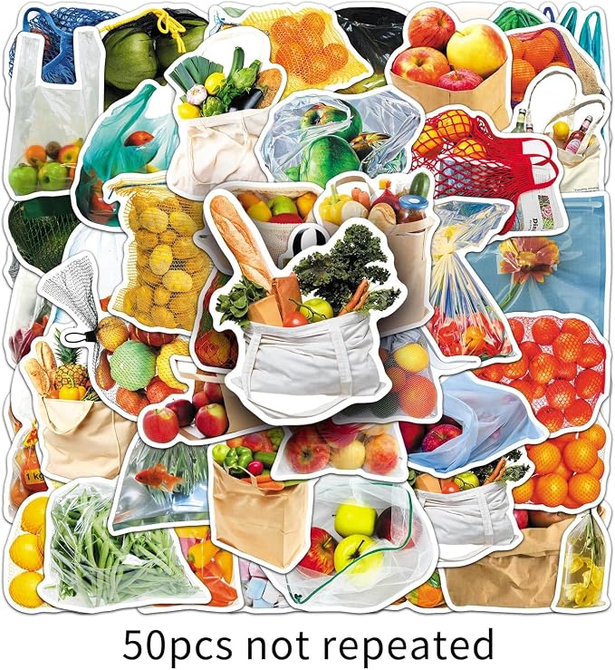 50 Pcs Bagged Food -Fruit and Vegetable Stickers Pack - Cute Cartoon Produce Decals in a Bag for Kids Learning, Kitchen Labels, Healthy Eating - Teacher & Parent Supplies (Bagged Food)