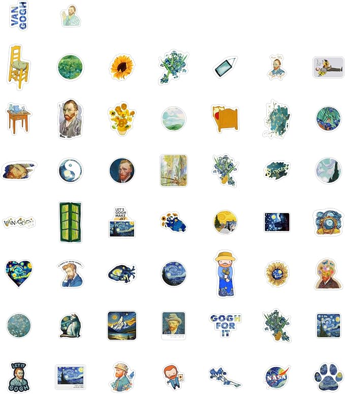 BulbaCraft 100Pcs Van Gogh Stickers for Water Bottle and Laptop - Van Gogh Party Supplies & Decorations, Waterproof Vinyl Decals, Art and Museum Stickers, Gifts for Women & Men