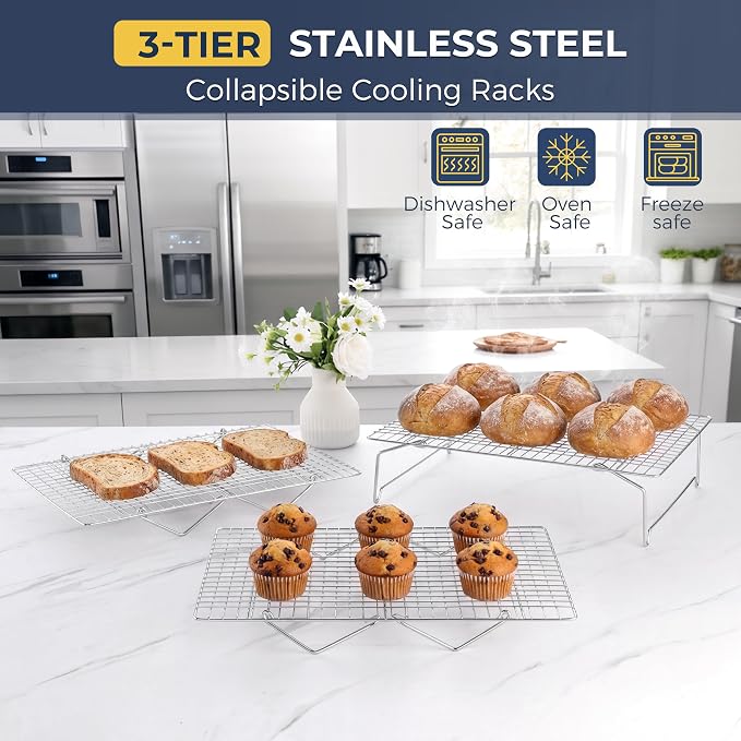 E-far 3-Tier Cooling Rack for Cooking and Baking - 15”x10” Collapsible & Stackable Tight-Wire Stainless Steel Cookie Rack for Baking Sheet, Oven, Roasting, Dishwasher Safe & Space Saving