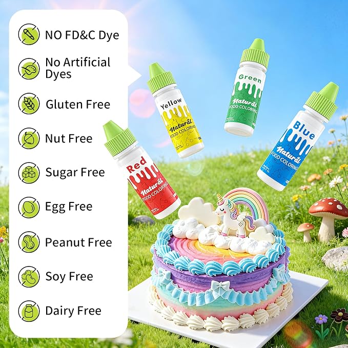 Natural Food Coloring - FD&C & Artificial Dye Free Formula Color 4 Natural Food Dye Set for Icing Frosting Cake Baking Easter Egg Fondant Cooking Decorating - 0.35 Fl. oz (10 ml)/Bottles