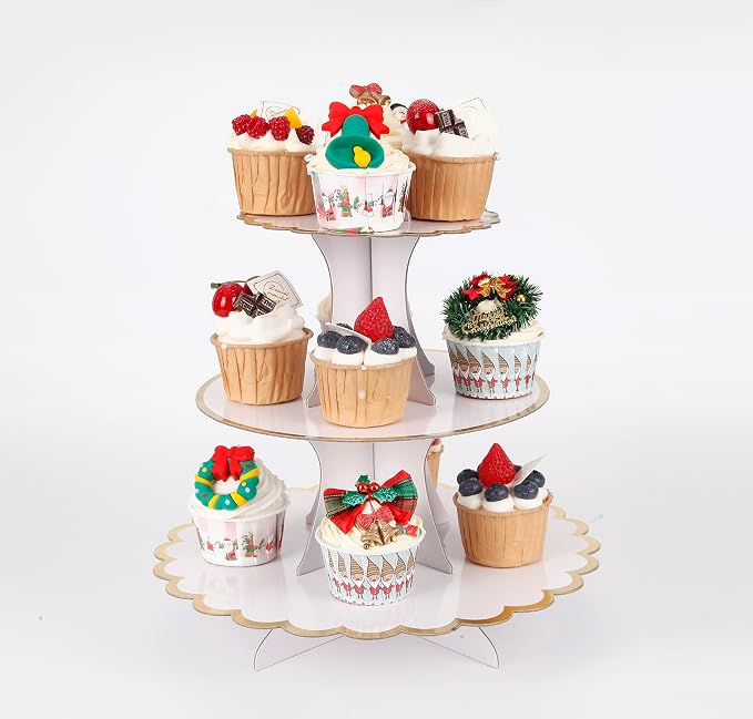YLDW Cupcake Stand with Lace Trim, 3-Tier Cupcake Stand Display, Cardboard Cup Cake Tower Stand, Disposable Dessert Stand for Birthday Tea Party Baby Shower Treat Decorations, White